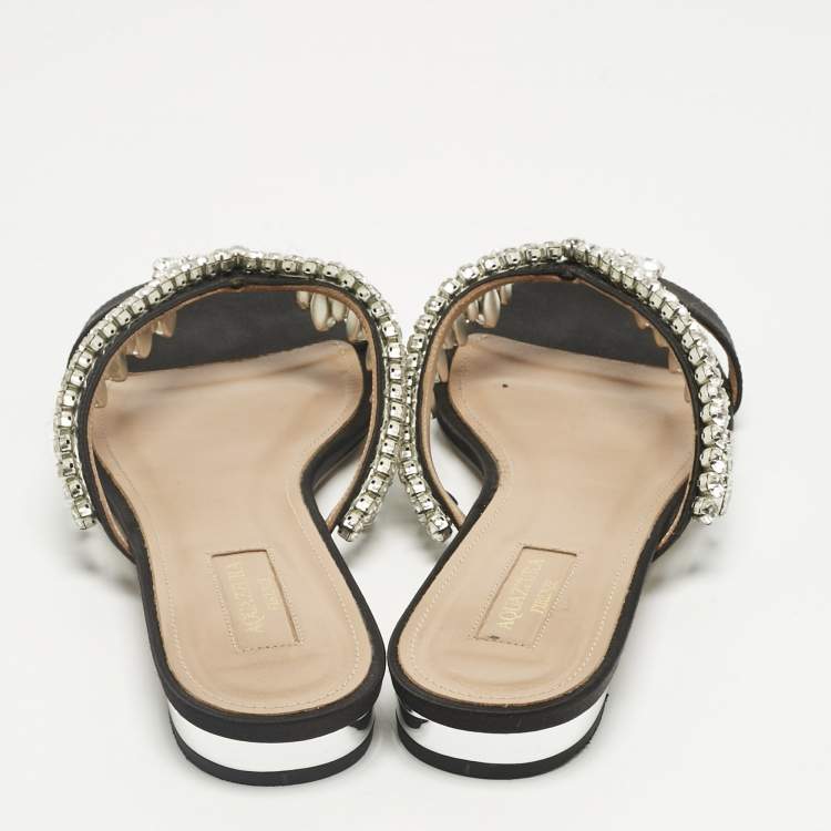 Pre Owned Aquazzura Black Satin Gem Palace Crystal Embellish  Flat Slide Size 38.5