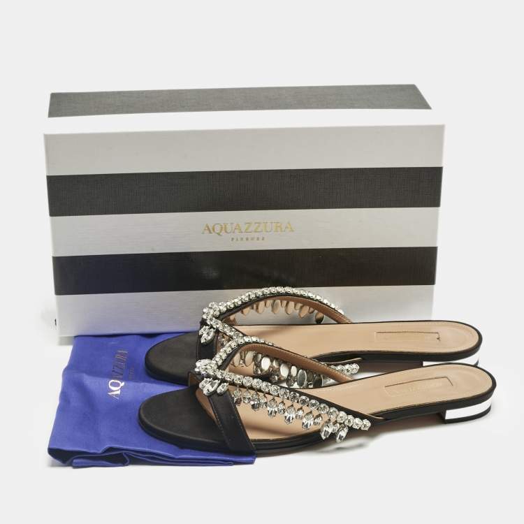 Pre Owned Aquazzura Black Satin Gem Palace Crystal Embellish  Flat Slide Size 38.5