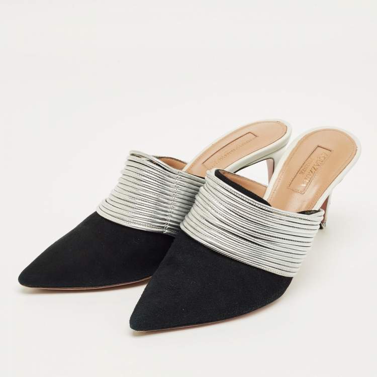 Pre Owned Aquazzura Black/Silver Suede and Leather Rendez Vous Mules Size 36