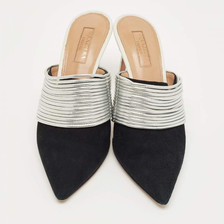 Pre Owned Aquazzura Black/Silver Suede and Leather Rendez Vous Mules Size 36
