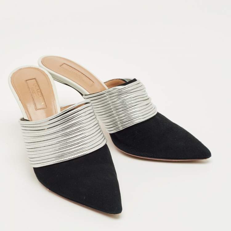 Pre Owned Aquazzura Black/Silver Suede and Leather Rendez Vous Mules Size 36