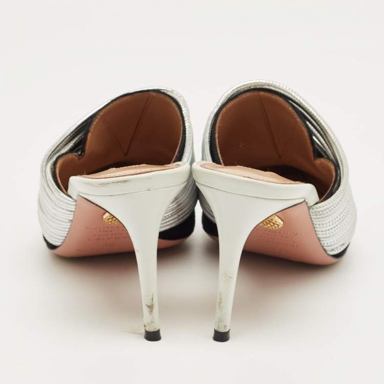 Pre Owned Aquazzura Black/Silver Suede and Leather Rendez Vous Mules Size 36