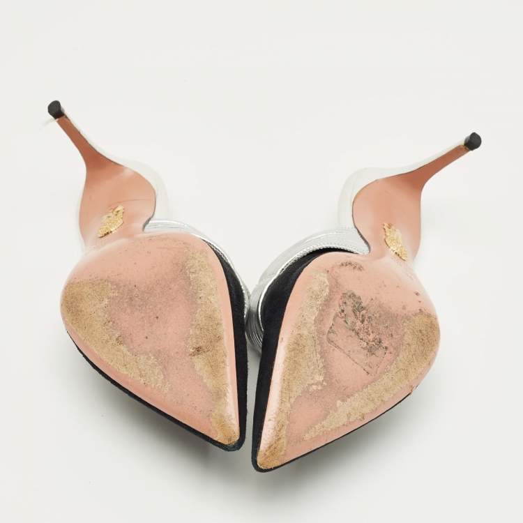 Pre Owned Aquazzura Black/Silver Suede and Leather Rendez Vous Mules Size 36