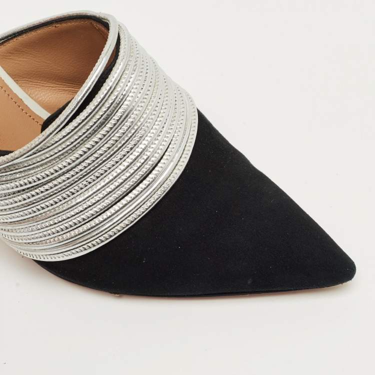 Pre Owned Aquazzura Black/Silver Suede and Leather Rendez Vous Mules Size 36