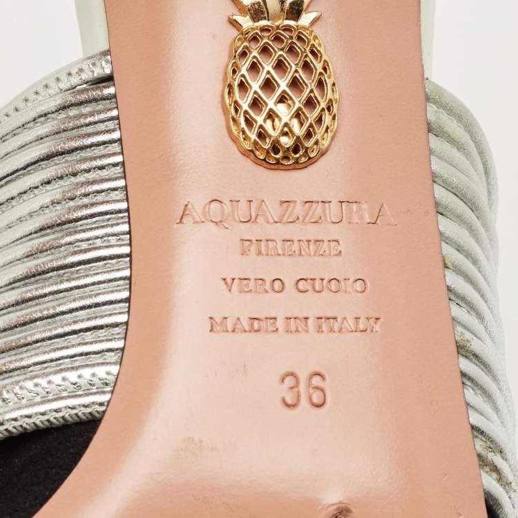 Pre Owned Aquazzura Black/Silver Suede and Leather Rendez Vous Mules Size 36