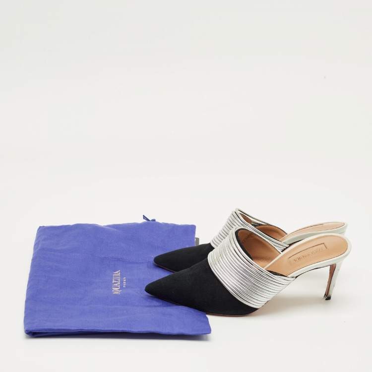 Pre Owned Aquazzura Black/Silver Suede and Leather Rendez Vous Mules Size 36
