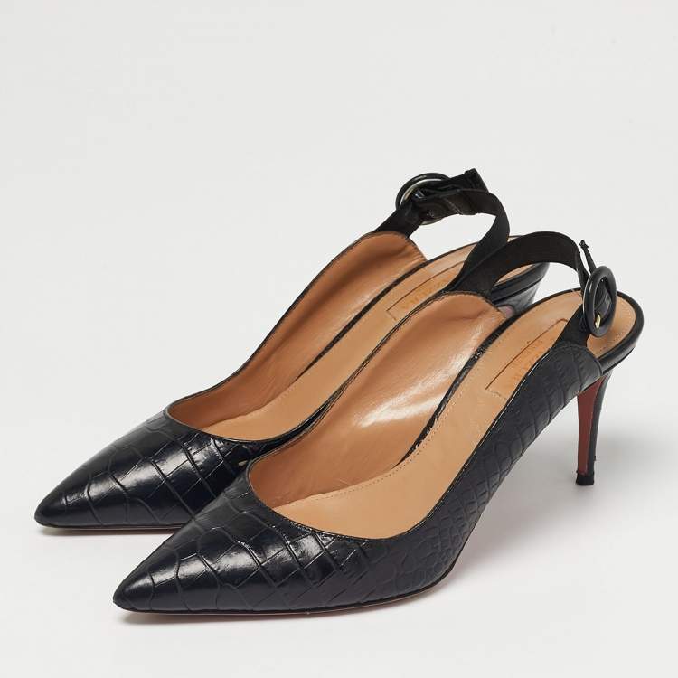Pre Owned Aquazzura Black Croc Embossed Leather Yale Slingback Pumps Size 36