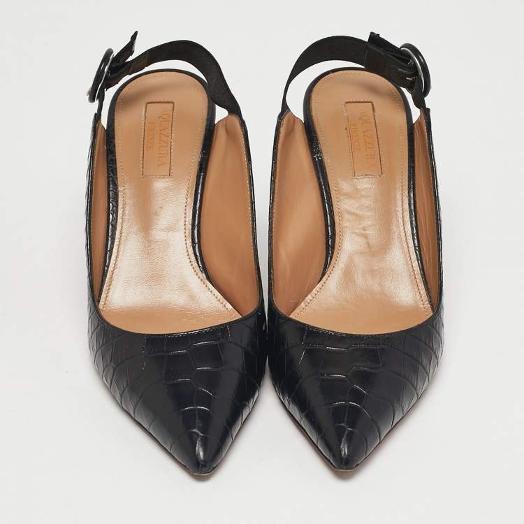 Pre Owned Aquazzura Black Croc Embossed Leather Yale Slingback Pumps Size 36