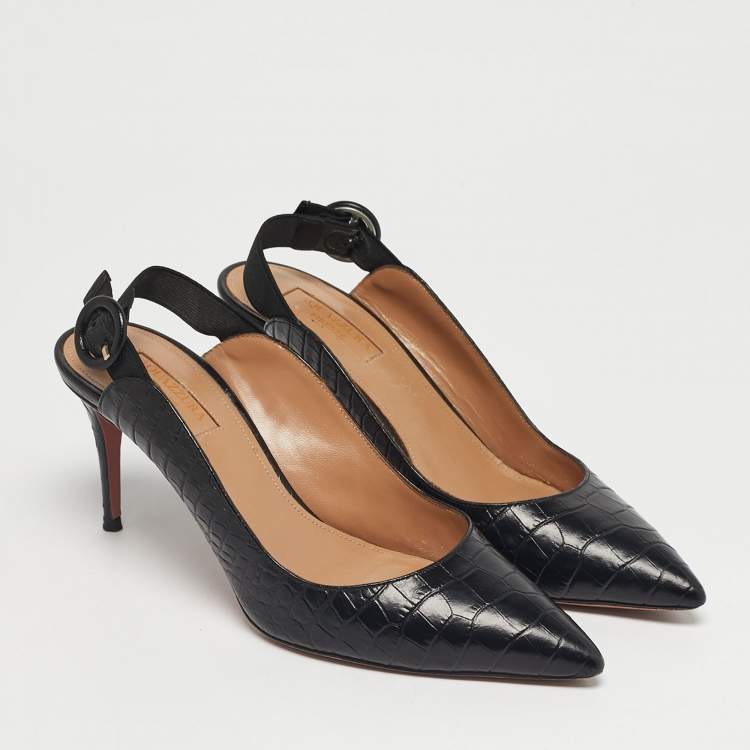 Pre Owned Aquazzura Black Croc Embossed Leather Yale Slingback Pumps Size 36