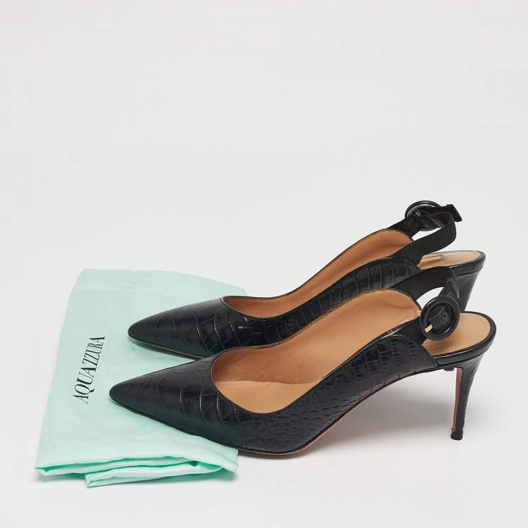 Pre Owned Aquazzura Black Croc Embossed Leather Yale Slingback Pumps Size 36