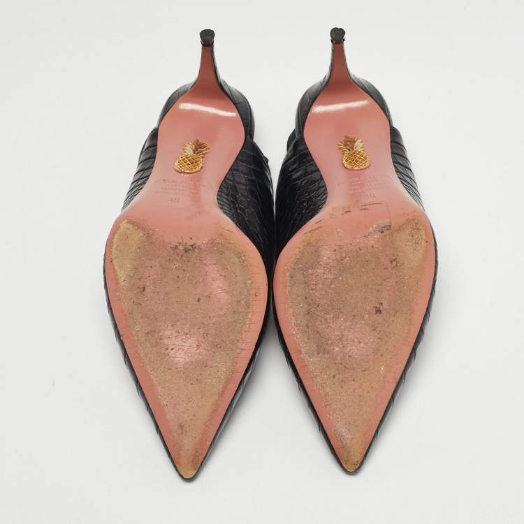 Pre Owned Aquazzura Black Croc Embossed Leather Yale Slingback Pumps Size 36