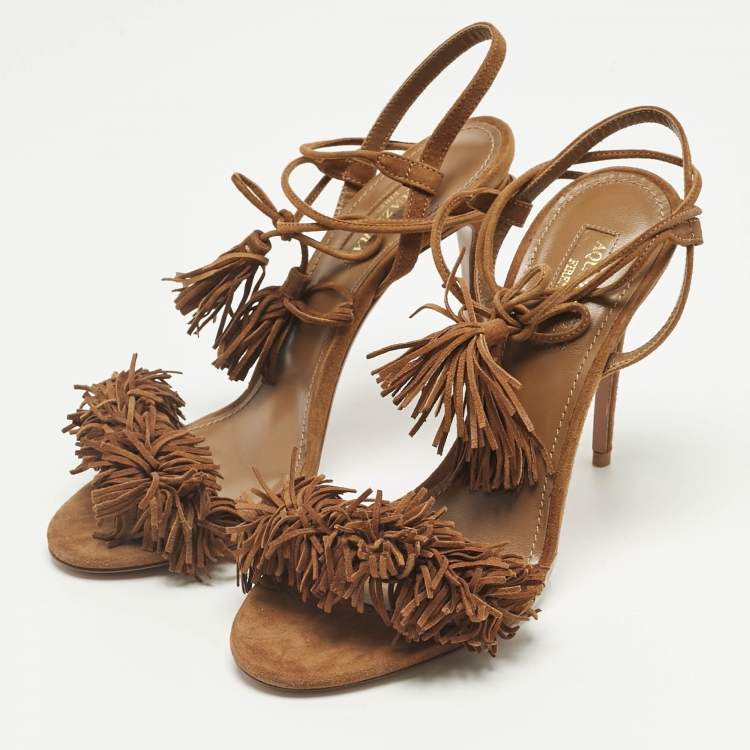 Pre Owned Aquazzura Brown Suede Wild Thing Ankle Strap Sandals Size 37