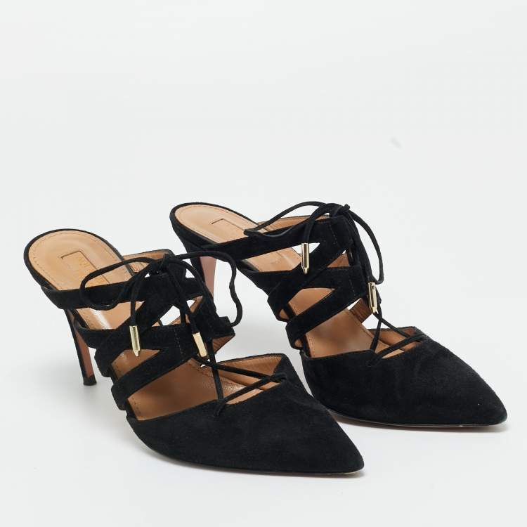 Pre Owned Aquazzura Black Suede Belgravia Mules Size 36