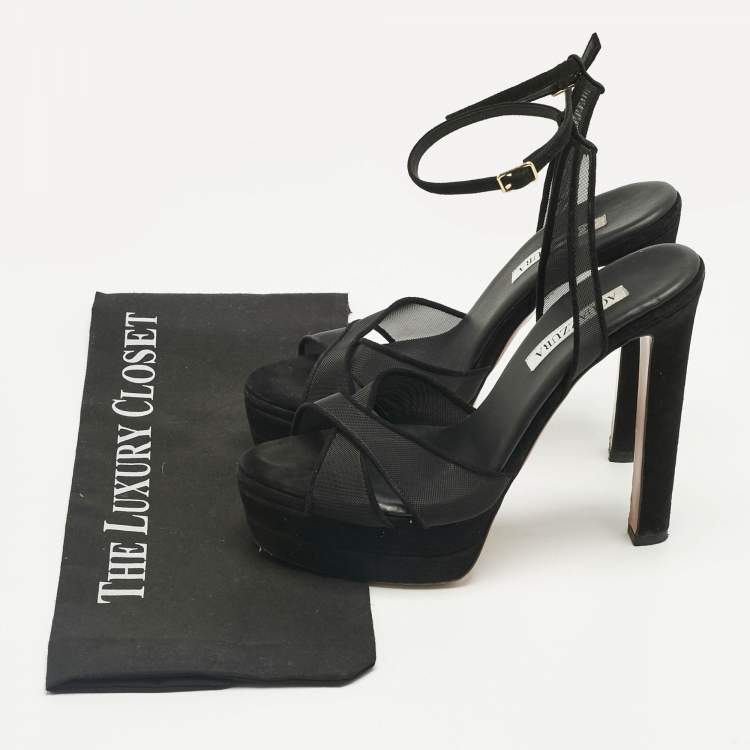 Pre Owned Aquazzura Black Suede and Net Platform Ankle Strap Sandals Size 39