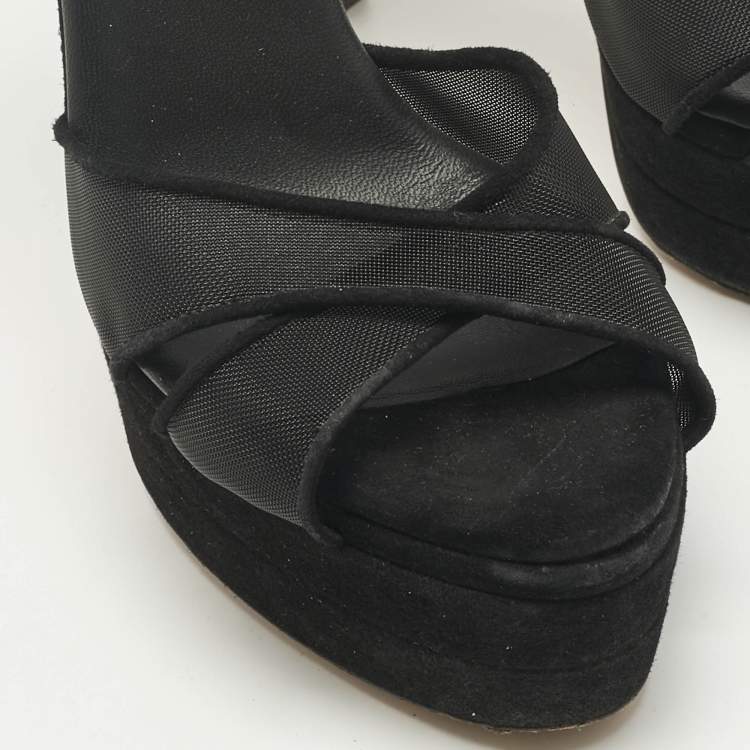 Pre Owned Aquazzura Black Suede and Net Platform Ankle Strap Sandals Size 39