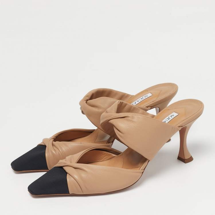Pre Owned Aquazzura Beige/Black Leather and Canvas Twist Cap Toe Heel Mules Size 41