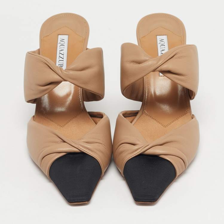 Pre Owned Aquazzura Beige/Black Leather and Canvas Twist Cap Toe Heel Mules Size 41