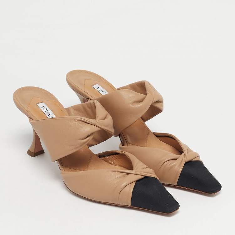 Pre Owned Aquazzura Beige/Black Leather and Canvas Twist Cap Toe Heel Mules Size 41