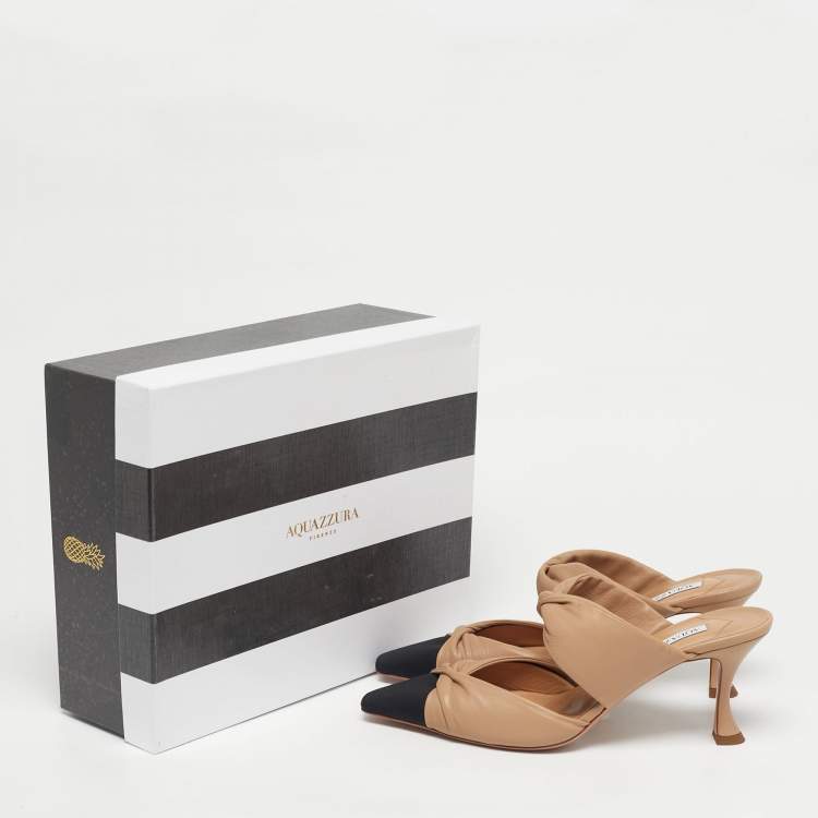 Pre Owned Aquazzura Beige/Black Leather and Canvas Twist Cap Toe Heel Mules Size 41