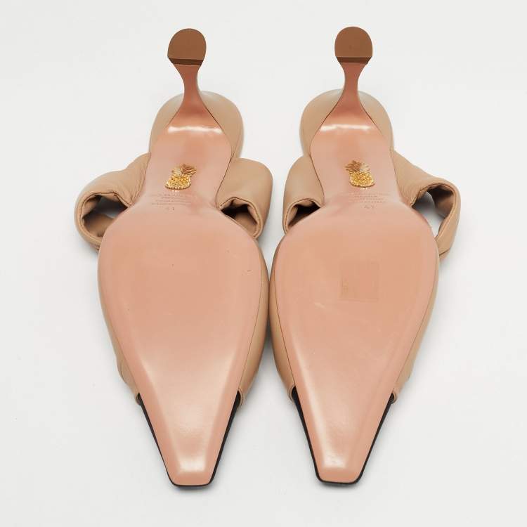 Pre Owned Aquazzura Beige/Black Leather and Canvas Twist Cap Toe Heel Mules Size 41