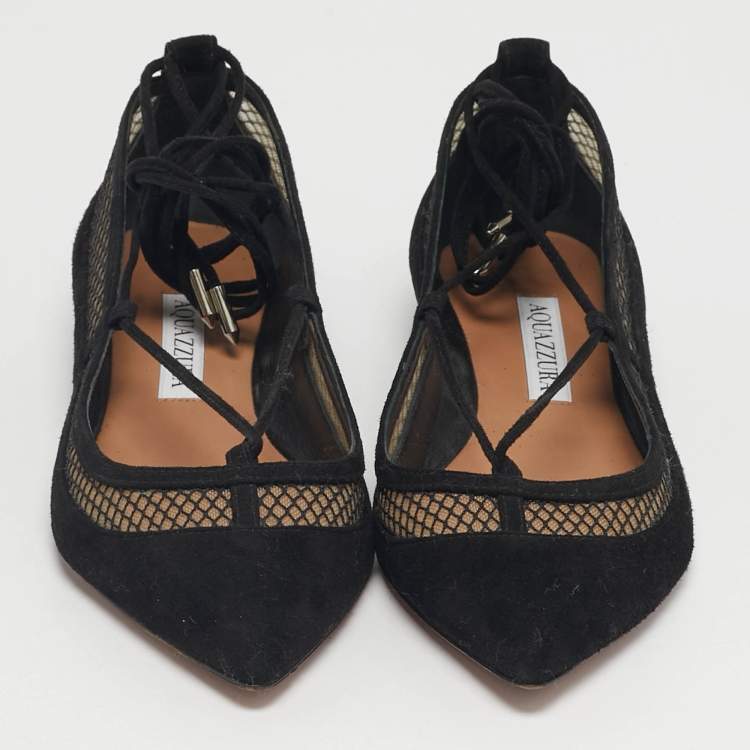 Pre Owned Aquazzura Black Net and Suede Ballet Flats Size 36