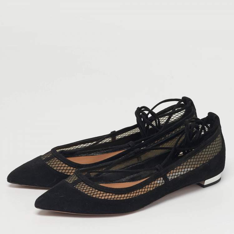 Pre Owned Aquazzura Black Net and Suede Ballet Flats Size 36