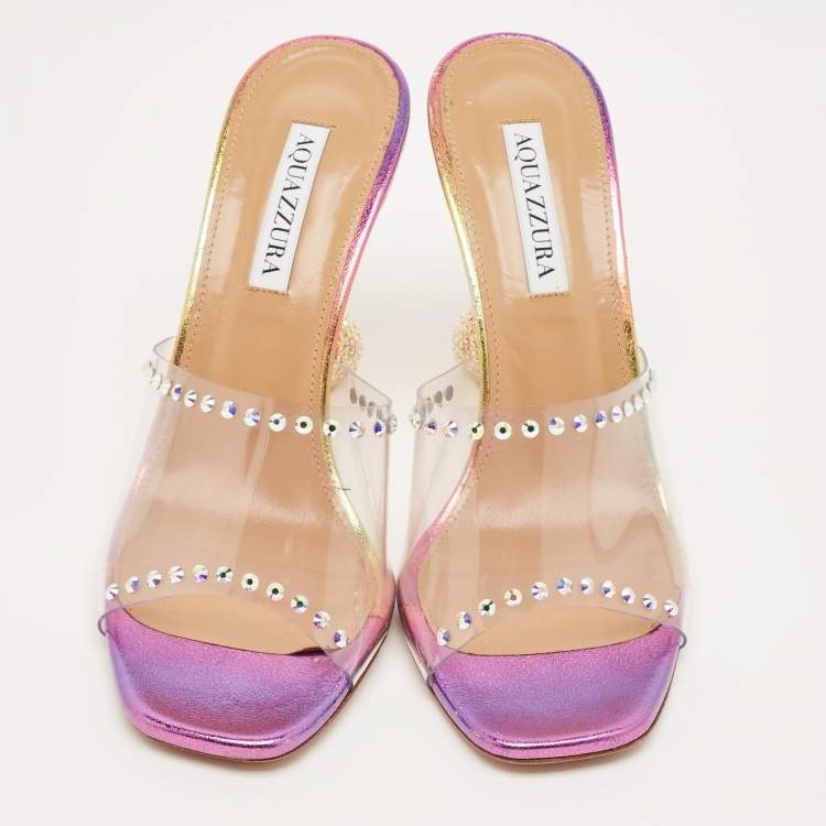 Pre Owned Aquazzura Pink PVC Embellished Secrets Slide Sandals Size 39