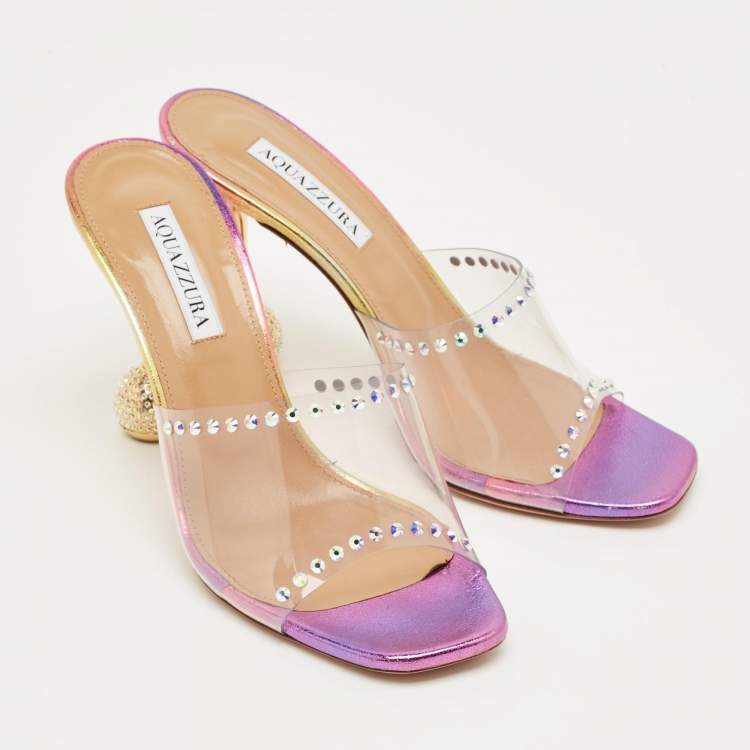 Pre Owned Aquazzura Pink PVC Embellished Secrets Slide Sandals Size 39