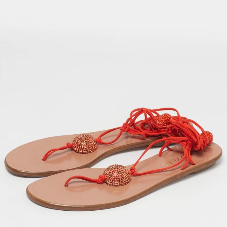 Pre Owned Aquazzura Orange Suede Jackie Ankle Wrap Flat Slide Size 39.5