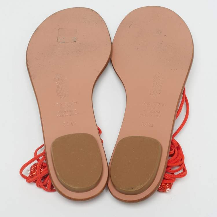 Pre Owned Aquazzura Orange Suede Jackie Ankle Wrap Flat Slide Size 39.5