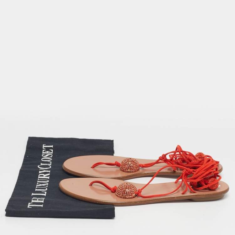 Pre Owned Aquazzura Orange Suede Jackie Ankle Wrap Flat Slide Size 39.5