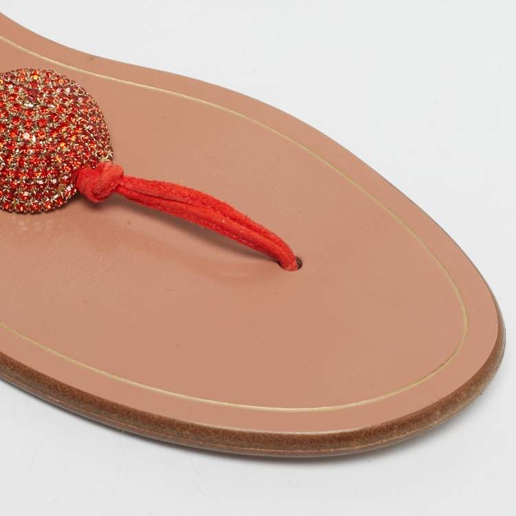 Pre Owned Aquazzura Orange Suede Jackie Ankle Wrap Flat Slide Size 39.5