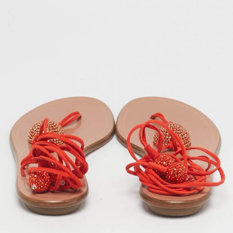 Pre Owned Aquazzura Orange Suede Jackie Ankle Wrap Flat Slide Size 39.5