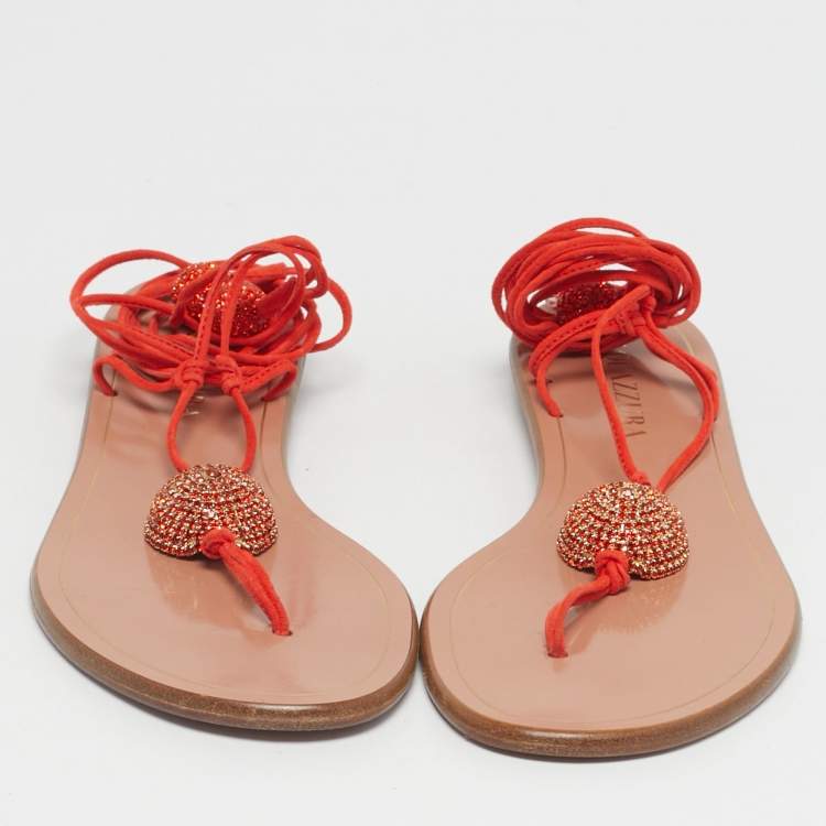 Pre Owned Aquazzura Orange Suede Jackie Ankle Wrap Flat Slide Size 39.5