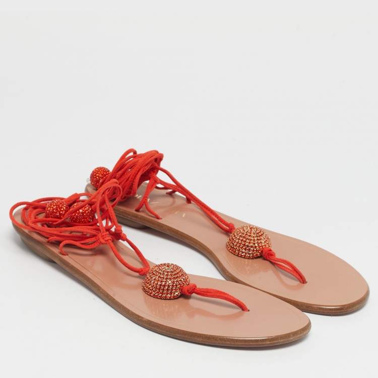 Pre Owned Aquazzura Orange Suede Jackie Ankle Wrap Flat Slide Size 39.5