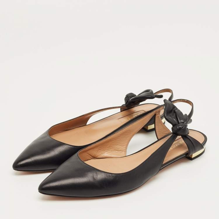 Pre Owned Aquazzura Black Leather Slingback Tie Ballet Flats Size 38.5