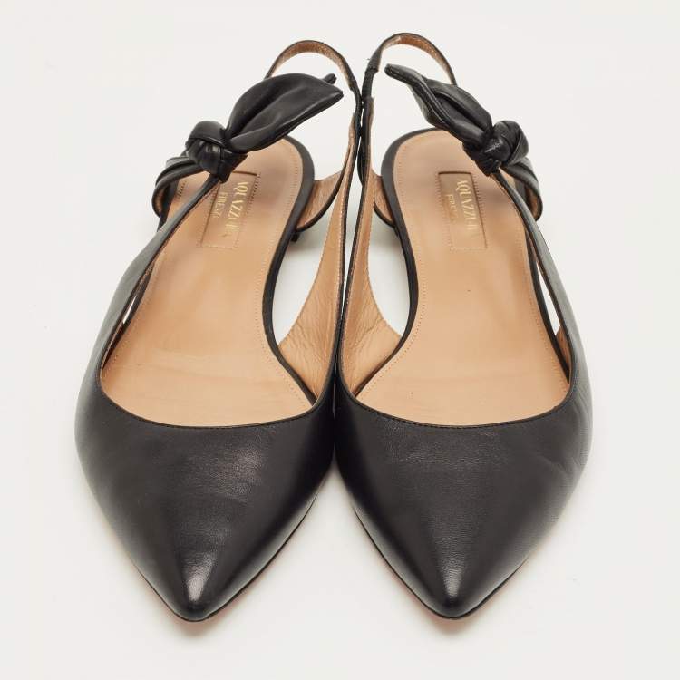 Pre Owned Aquazzura Black Leather Slingback Tie Ballet Flats Size 38.5