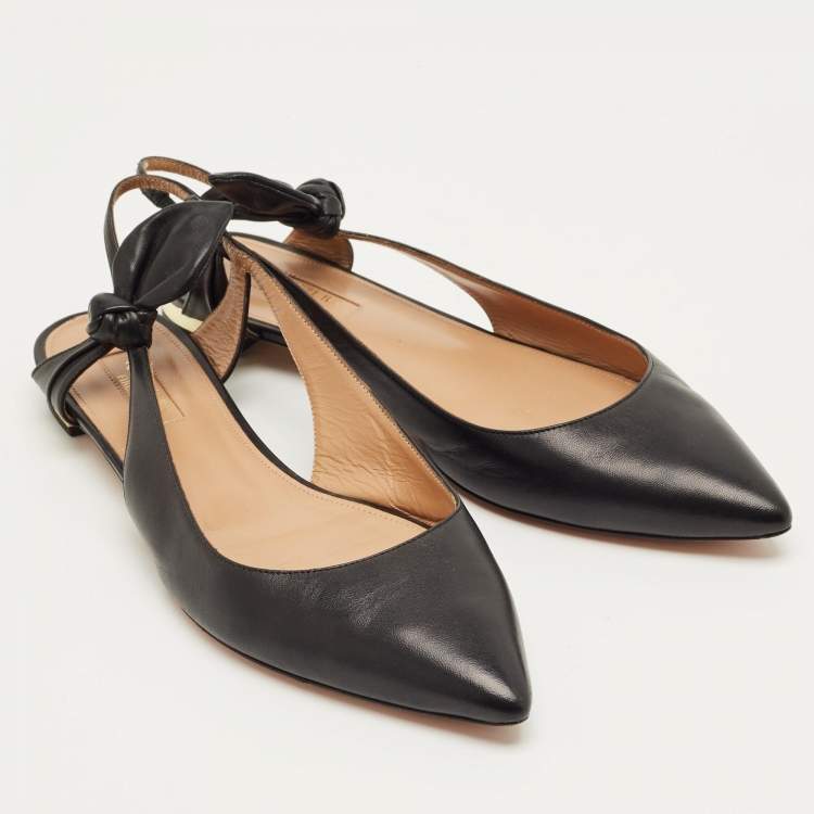 Pre Owned Aquazzura Black Leather Slingback Tie Ballet Flats Size 38.5