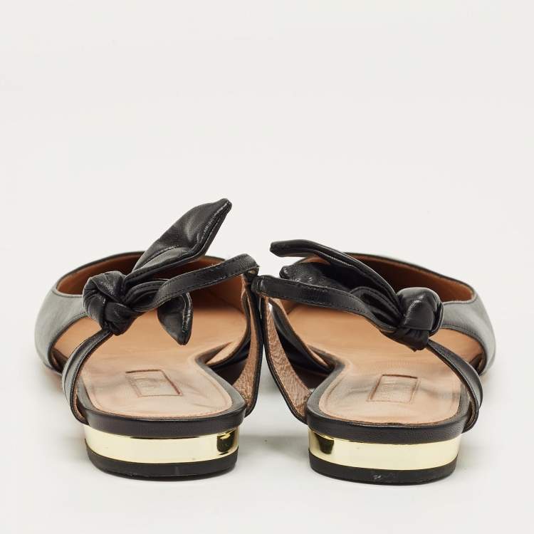 Pre Owned Aquazzura Black Leather Slingback Tie Ballet Flats Size 38.5