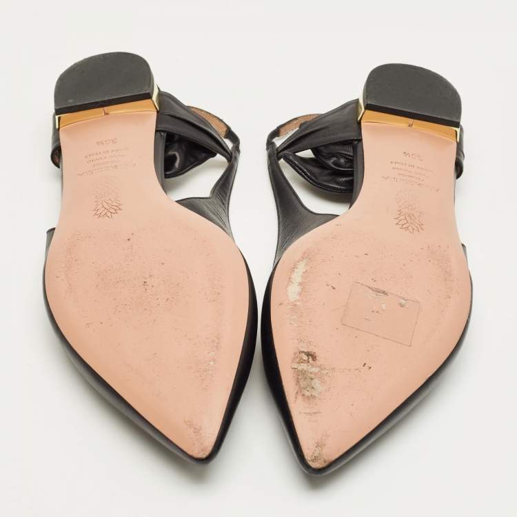 Pre Owned Aquazzura Black Leather Slingback Tie Ballet Flats Size 38.5