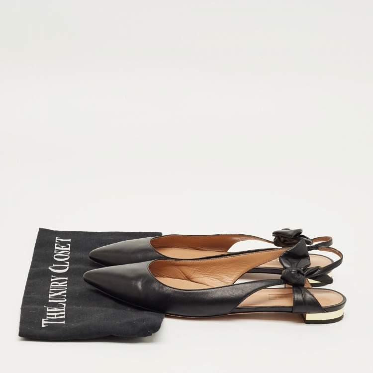 Pre Owned Aquazzura Black Leather Slingback Tie Ballet Flats Size 38.5