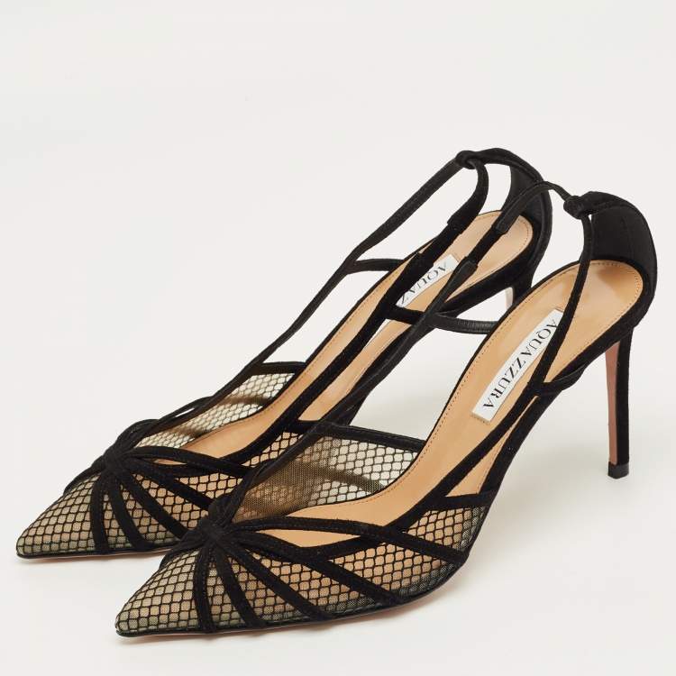 Pre Owned Aquazzura Black Mesh and Suede Slip on Pumps Size 38