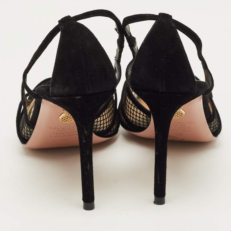 Pre Owned Aquazzura Black Mesh and Suede Slip on Pumps Size 38