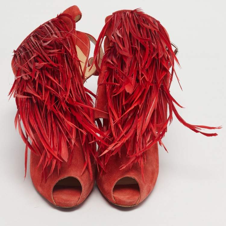 Pre Owned Aquazzura Red Suede Feather Embellished Ankle Strap Pumps Size 40.5