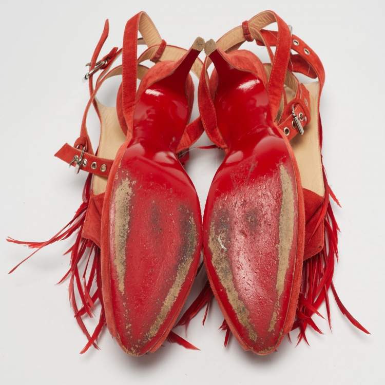 Pre Owned Aquazzura Red Suede Feather Embellished Ankle Strap Pumps Size 40.5