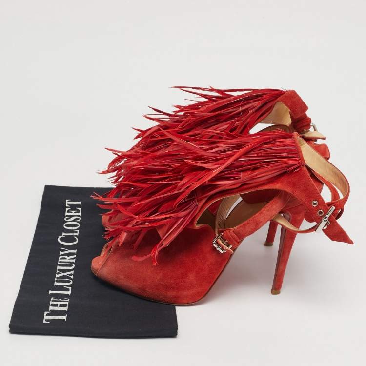 Pre Owned Aquazzura Red Suede Feather Embellished Ankle Strap Pumps Size 40.5