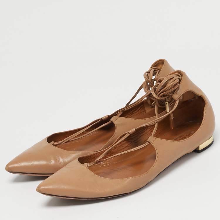 Pre Owned Aquazzura Beige Leather Christy Tie Up Pointed Toe Ballet Flats Size 39