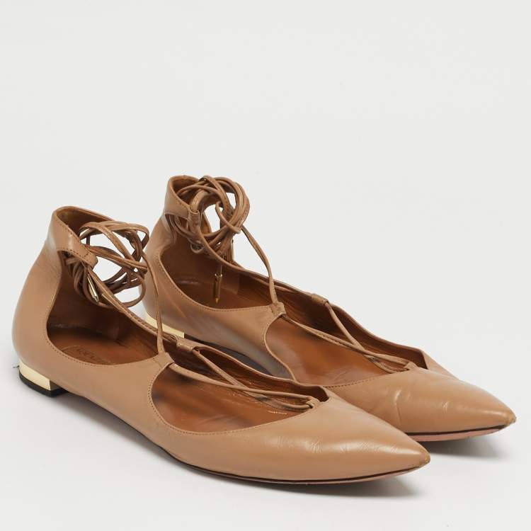 Pre Owned Aquazzura Beige Leather Christy Tie Up Pointed Toe Ballet Flats Size 39