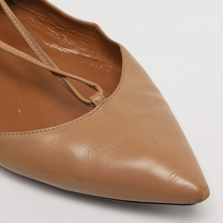 Pre Owned Aquazzura Beige Leather Christy Tie Up Pointed Toe Ballet Flats Size 39