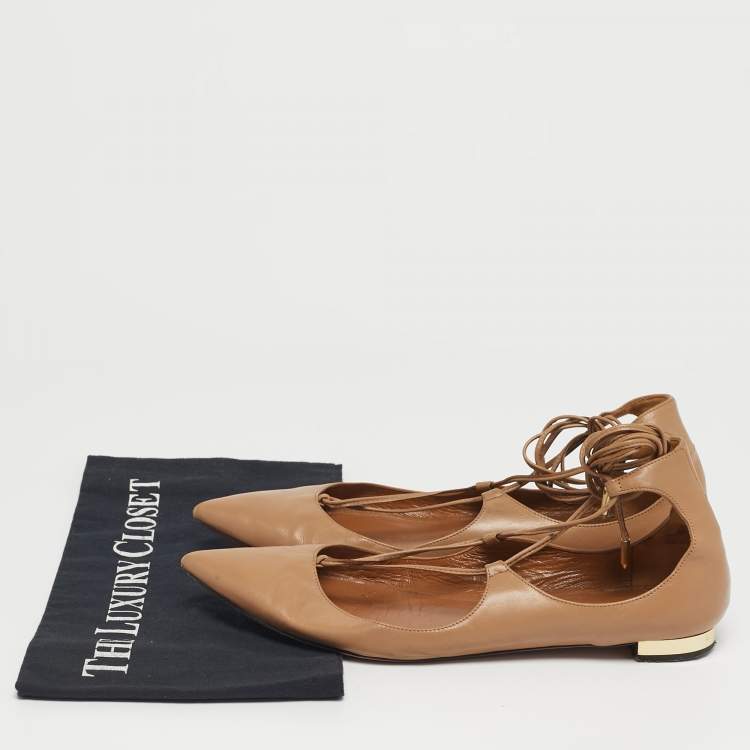Pre Owned Aquazzura Beige Leather Christy Tie Up Pointed Toe Ballet Flats Size 39